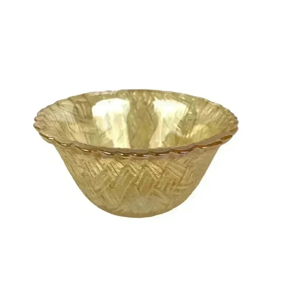 VTG Indiana Amber Carnival Glass Bowl Basket Weave Pattern‎ 2.5" Tall Iridescent
